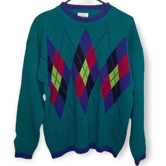 Casual Corner Vintage 80s Neon Argyle Knit Sweater - Picture 1 of 6